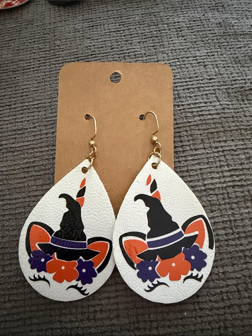 Handmade Unicorn Halloween Witch Teardrop Earrings with Orange & Purple Accents